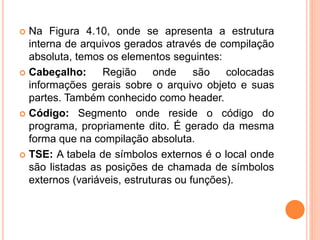  Na Figura 4.10, onde se apresenta a estrutura
interna de arquivos gerados através de compilação
absoluta, temos os elementos seguintes:
 Cabeçalho: Região onde são colocadas
informações gerais sobre o arquivo objeto e suas
partes. Também conhecido como header.
 Código: Segmento onde reside o código do
programa, propriamente dito. É gerado da mesma
forma que na compilação absoluta.
 TSE: A tabela de símbolos externos é o local onde
são listadas as posições de chamada de símbolos
externos (variáveis, estruturas ou funções).
 
