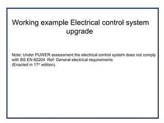 Working example Electrical control system
upgrade
Note: Under PUWER assessment the electrical control system does not comply
with BS EN 60204 Ref: General electrical requirements
(Enacted in 17th
edition).
 