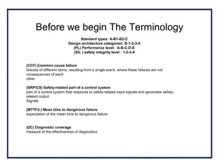 Before we begin The Terminology
Standard types: A-B1-B2-C
Design architecture categories: B-1-2-3-4
(PL) Performance level: A-B-C-D-E
(SIL ) safety integrity level : 1-2-3-4
(CCF) Common cause failure
failures of different items, resulting from a single event, where these failures are not
consequences of each
other
(SRP/CS) Safety-related part of a control system
part of a control system that responds to safety-related input signals and generates safety-
related output
Signals
(MTTFd ) Mean time to dangerous failure
expectation of the mean time to dangerous failure
(DC) Diagnostic coverage
measure of the effectiveness of diagnostics
 
