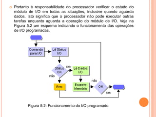  Portanto é responsabilidade do processador verificar o estado do
módulo de I/O em todas as situações, inclusive quando aguarda
dados. Isto significa que o processador não pode executar outras
tarefas enquanto aguarda a operação do módulo de I/O. Veja na
Figura 5.2 um esquema indicando o funcionamento das operações
de I/O programadas.
Figura 5.2: Funcionamento do I/O programado
 
