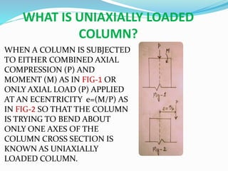 WHAT IS UNIAXIALLY LOADED
COLUMN?
WHEN A COLUMN IS SUBJECTED
TO EITHER COMBINED AXIAL
COMPRESSION (P) AND
MOMENT (M) AS IN FIG-1 OR
ONLY AXIAL LOAD (P) APPLIED
AT AN ECENTRICITY e=(M/P) AS
IN FIG-2 SO THAT THE COLUMN
IS TRYING TO BEND ABOUT
ONLY ONE AXES OF THE
COLUMN CROSS SECTION IS
KNOWN AS UNIAXIALLY
LOADED COLUMN.
 