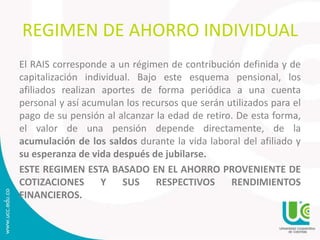 REGIMEN DE AHORRO INDIVIDUAL
El RAIS corresponde a un régimen de contribución definida y de
capitalización individual. Bajo este esquema pensional, los
afiliados realizan aportes de forma periódica a una cuenta
personal y así acumulan los recursos que serán utilizados para el
pago de su pensión al alcanzar la edad de retiro. De esta forma,
el valor de una pensión depende directamente, de la
acumulación de los saldos durante la vida laboral del afiliado y
su esperanza de vida después de jubilarse.
ESTE REGIMEN ESTA BASADO EN EL AHORRO PROVENIENTE DE
COTIZACIONES Y SUS RESPECTIVOS RENDIMIENTOS
FINANCIEROS.
 