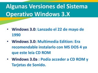 Algunas Versiones del Sistema
Operativo Windows 3.X
• Windows 3.0: Lanzado el 22 de mayo de
1990
• Windows 3.0: Multimedia Edition: Era
recomendable instalarlo con MS DOS 4 ya
que este leía CD ROM
• Windows 3.0a : Podía acceder a CD ROM y
Tarjetas de Sonido.
 