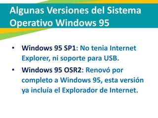 Algunas Versiones del Sistema
Operativo Windows 95
• Windows 95 SP1: No tenia Internet
Explorer, ni soporte para USB.
• Windows 95 OSR2: Renovó por
completo a Windows 95, esta versión
ya incluía el Explorador de Internet.
 
