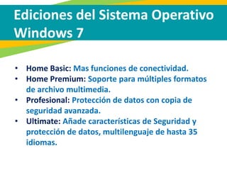 Ediciones del Sistema Operativo
Windows 7
• Home Basic: Mas funciones de conectividad.
• Home Premium: Soporte para múltiples formatos
de archivo multimedia.
• Profesional: Protección de datos con copia de
seguridad avanzada.
• Ultimate: Añade características de Seguridad y
protección de datos, multilenguaje de hasta 35
idiomas.
 