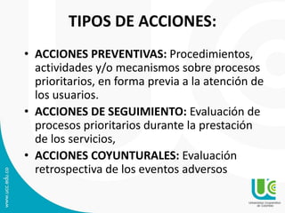 TIPOS DE ACCIONES:
• ACCIONES PREVENTIVAS: Procedimientos,
actividades y/o mecanismos sobre procesos
prioritarios, en forma previa a la atención de
los usuarios.
• ACCIONES DE SEGUIMIENTO: Evaluación de
procesos prioritarios durante la prestación
de los servicios,
• ACCIONES COYUNTURALES: Evaluación
retrospectiva de los eventos adversos
 