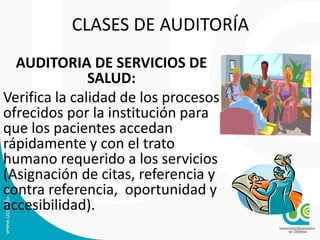 CLASES DE AUDITORÍA
AUDITORIA DE SERVICIOS DE
SALUD:
Verifica la calidad de los procesos
ofrecidos por la institución para
que los pacientes accedan
rápidamente y con el trato
humano requerido a los servicios
(Asignación de citas, referencia y
contra referencia, oportunidad y
accesibilidad).
20
 