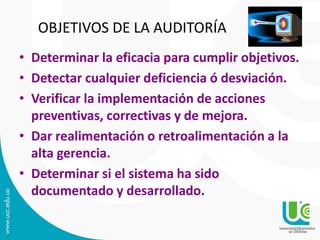 OBJETIVOS DE LA AUDITORÍA
• Determinar la eficacia para cumplir objetivos.
• Detectar cualquier deficiencia ó desviación.
• Verificar la implementación de acciones
preventivas, correctivas y de mejora.
• Dar realimentación o retroalimentación a la
alta gerencia.
• Determinar si el sistema ha sido
documentado y desarrollado.
23
 