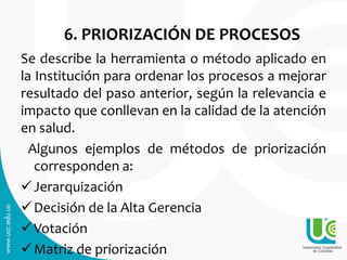 6. PRIORIZACIÓN DE PROCESOS
Se describe la herramienta o método aplicado en
la Institución para ordenar los procesos a mejorar
resultado del paso anterior, según la relevancia e
impacto que conllevan en la calidad de la atención
en salud.
Algunos ejemplos de métodos de priorización
corresponden a:
Jerarquización
Decisión de la Alta Gerencia
Votación
Matriz de priorización
 