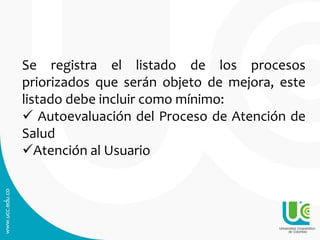 Se registra el listado de los procesos
priorizados que serán objeto de mejora, este
listado debe incluir como mínimo:
 Autoevaluación del Proceso de Atención de
Salud
Atención al Usuario
 