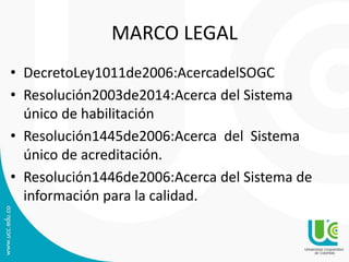 MARCO LEGAL
• DecretoLey1011de2006:AcercadelSOGC
• Resolución2003de2014:Acerca del Sistema
único de habilitación
• Resolución1445de2006:Acerca del Sistema
único de acreditación.
• Resolución1446de2006:Acerca del Sistema de
información para la calidad.
 