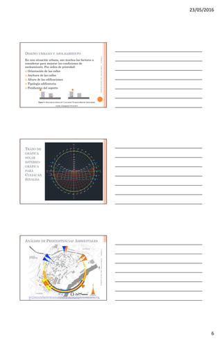 23/05/2016
6
DISEÑO URBANO Y ASOLEAMIENTO
En una situación urbana, son muchos los factores a
considerar para mejorar las condiciones de
asoleamiento. Por orden de prioridad:
 Orientación de las calles
 Anchura de las calles
 Altura de las edificaciones
 Tipología edificatoria
 Pendientes del soporte
11/03/2011LUMA.FA.UAS-Arq.CeliaR.Gastélum
TRAZO DE
GRÁFICA
SOLAR
ESTEREO-
GRÁFICA
PARA
CULIACÁN
SINALOA
11/03/2011LUMA.FA.UAS-Arq.CeliaR.Gastélum
ANÁLISIS DE PREEXISTENCIAS AMBIENTALES
11/03/2011LUMA.FA.UAS-Arq.CeliaR.Gastélum
 
