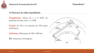 08/10/2016 ENGº CHANGALA 11
1.5 Sistemas de rádio-tropodifusão
Frequêncuia: Faixas de 1 a 2 GHz de
potência elevada, entre 1 e 2 kW.
Canais: de 120 e no máximo de 300 canais
telefônicos.
Cobertura: Distancias de 300 a 400 km.
Ex: Amazonia, Gorongoza.
Sistemas de Comunicação Sem Fio “Tropodifusão”
 
