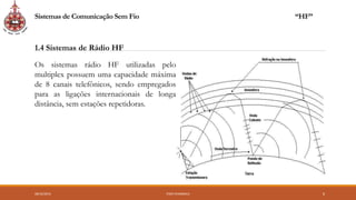 08/10/2016 ENGº CHANGALA 6
1.4 Sistemas de Rádio HF
Os sistemas rádio HF utilizadas pelo
multiplex possuem uma capacidade máxima
de 8 canais telefônicos, sendo empregados
para as ligações internacionais de longa
distância, sem estações repetidoras.
Sistemas de Comunicação Sem Fio “HF”
 