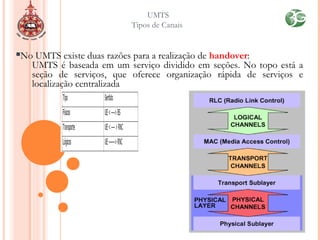 No UMTS existe duas razões para a realização de handover:
UMTS é baseada em um serviço dividido em seções. No topo está a
seção de serviços, que oferece organização rápida de serviços e
localização centralizada
UMTS
Tipos de Canais
 