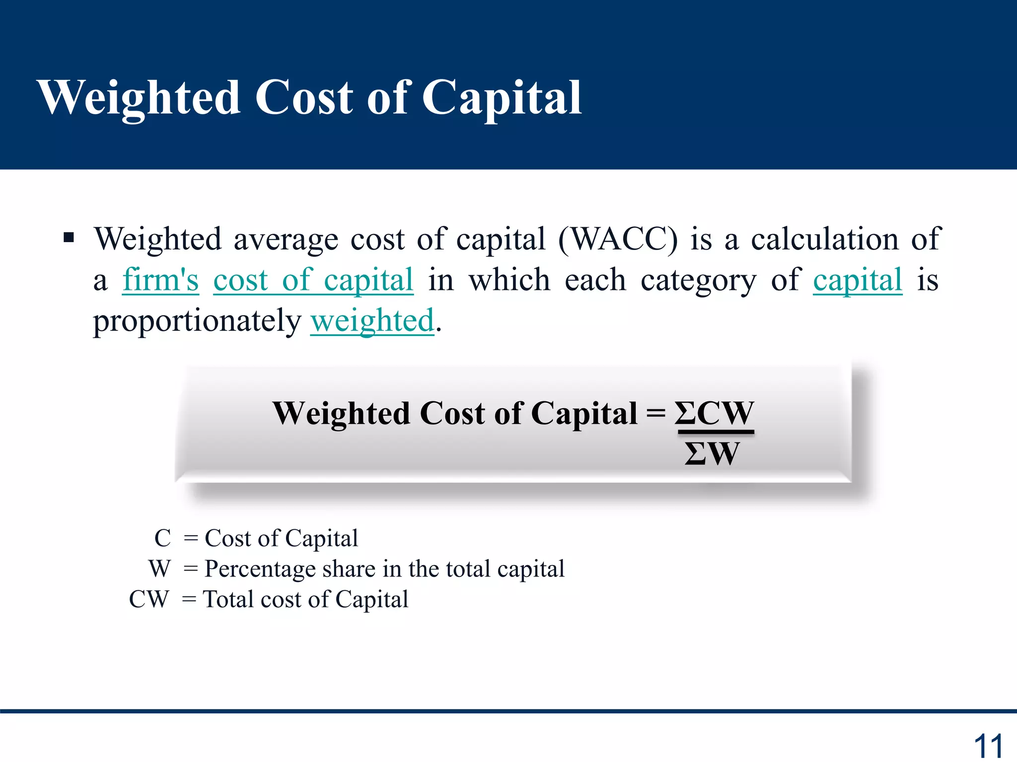 11
Weighted Cost of Capital
 Weighted average cost of capital (WACC) is a calculation of
a firm's cost of capital in which each category of capital is
proportionately weighted.
Weighted Cost of Capital = ƩCW
ƩW
C = Cost of Capital
W = Percentage share in the total capital
CW = Total cost of Capital
 