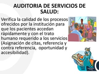 Verifica la calidad de los procesos
ofrecidos por la institución para
que los pacientes accedan
rápidamente y con el trato
humano requerido a los servicios
(Asignación de citas, referencia y
contra referencia, oportunidad y
accesibilidad).
20
AUDITORIA DE SERVICIOS DE
SALUD:
 