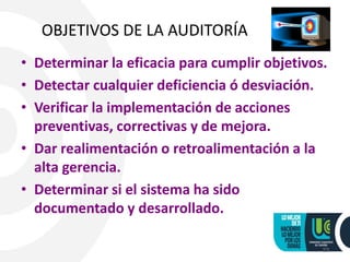 OBJETIVOS DE LA AUDITORÍA
• Determinar la eficacia para cumplir objetivos.
• Detectar cualquier deficiencia ó desviación.
• Verificar la implementación de acciones
preventivas, correctivas y de mejora.
• Dar realimentación o retroalimentación a la
alta gerencia.
• Determinar si el sistema ha sido
documentado y desarrollado.
23
 