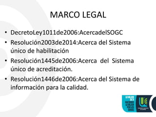 MARCO LEGAL
• DecretoLey1011de2006:AcercadelSOGC
• Resolución2003de2014:Acerca del Sistema
único de habilitación
• Resolución1445de2006:Acerca del Sistema
único de acreditación.
• Resolución1446de2006:Acerca del Sistema de
información para la calidad.
 