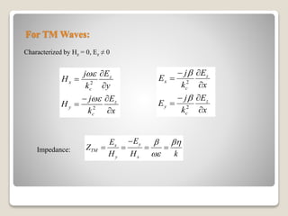For TM Waves:
Characterized by Hz = 0, Ez ≠ 0
2
2
z
x
c
z
y
c
j E
H
k y
j E
H
k x





 


2
2
z
x
c
z
y
c
j E
E
k x
j E
E
k x


 


 


yx
TM
y x
EE
Z
H H k
 


   Impedance:
 