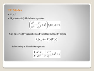 TE Modes
• Ez = 0
• Hz must satisfy Helmholtz equation :
2 2
2
2 2
( , ) 0c zk h x y
x y
  
   
  
( , ) ( ) ( )zh x y X x Y y
2 2
2
2 2
1 1
0c
d X d Y
k
X dx Y dy
  
Can be solved by separation and variables method by letting
Substituting in Helmholtz equation
 