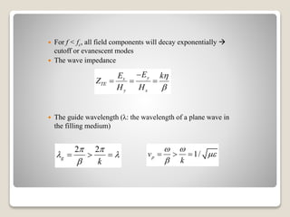  For f < fc, all field components will decay exponentially 
cutoff or evanescent modes
 The wave impedance
 The guide wavelength (λ: the wavelength of a plane wave in
the filling medium)
yx
TE
y x
EE k
Z
H H



  
2 2
g
k
 
 

   1/pv
k
 


  
 