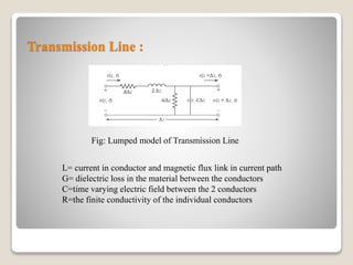 Transmission Line :
L= current in conductor and magnetic flux link in current path
G= dielectric loss in the material between the conductors
C=time varying electric field between the 2 conductors
R=the finite conductivity of the individual conductors
Fig: Lumped model of Transmission Line
 