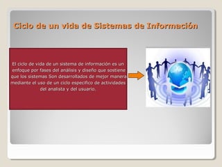 Ciclo de un vida de Sistemas de InformaciónCiclo de un vida de Sistemas de Información
El ciclo de vida de un sistema de información es unEl ciclo de vida de un sistema de información es un
enfoque por fases del análisis y diseño que sostieneenfoque por fases del análisis y diseño que sostiene
que los sistemas Son desarrollados de mejor maneraque los sistemas Son desarrollados de mejor manera
mediante el uso de un ciclo especifico de actividadesmediante el uso de un ciclo especifico de actividades
del analista y del usuario.del analista y del usuario.
 