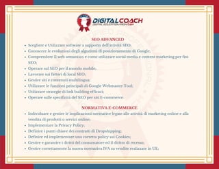 SEO ADVANCED 
Scegliere e Utilizzare software a supporto dell’attività SEO;
Conoscere le evoluzioni degli algoritmi di posizionamento di Google;
Comprendere Il web semantico e come utilizzare social media e content marketing per fini
SEO;
Operare sul SEO per il mondo mobile;
Lavorare sui fattori di local SEO;
Gestire siti e contenuti multilingua; 
Utilizzare le funzioni principali di Google Webmaster Tool;
Utilizzare strategie di link building efficaci;
Operare sulle specificità del SEO per siti E-commerce.
NORMATIVA E-COMMERCE
Individuare e gestire le implicazioni normative legate alle attività di marketing online e alla
vendita di prodotti o servizi online;
Implementare la Privacy Policy; 
Definire i punti chiave dei contratti di Dropshipping;
Definire ed implementare una corretta policy sui Cookies;
Gestire e garantire i diritti del consumatore ed il diritto di recesso;
Gestire correttamente la nuova normativa IVA su vendite realizzate in UE;
 