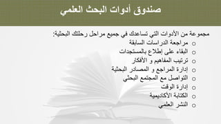 ‫ﺻ‬‫ﻧ‬‫د‬‫و‬‫ق‬‫أ‬‫د‬‫و‬‫ا‬‫ت‬‫ا‬‫ﻟ‬‫ﺑ‬‫ﺣ‬‫ث‬‫ا‬‫ﻟ‬‫ﻌ‬‫ﻠ‬‫ﻣ‬‫ﻲ‬
‫ﻣ‬‫ﺟ‬‫ﻣ‬‫و‬‫ﻋ‬‫ﺔ‬‫ﻣ‬‫ن‬‫ا‬‫ﻷ‬‫د‬‫و‬‫ا‬‫ت‬‫ا‬‫ﻟ‬‫ﺗ‬‫ﻲ‬‫ﺗ‬‫ﺳ‬‫ﺎ‬‫ﻋ‬‫د‬‫ك‬‫ﻓ‬‫ﻲ‬‫ﺟ‬‫ﻣ‬‫ﯾ‬‫ﻊ‬‫ﻣ‬‫ر‬‫ا‬‫ﺣ‬‫ل‬‫ر‬‫ﺣ‬‫ﻠ‬‫ﺗ‬‫ك‬‫ا‬‫ﻟ‬‫ﺑ‬‫ﺣ‬‫ﺛ‬‫ﯾ‬‫ﺔ‬:
o‫ﻣ‬‫ر‬‫ا‬‫ﺟ‬‫ﻌ‬‫ﺔ‬‫ا‬‫ﻟ‬‫د‬‫ر‬‫ا‬‫ﺳ‬‫ﺎ‬‫ت‬‫ا‬‫ﻟ‬‫ﺳ‬‫ﺎ‬‫ﺑ‬‫ﻘ‬‫ﺔ‬
o‫ا‬‫ﻟ‬‫ﺑ‬‫ﻘ‬‫ﺎ‬‫ء‬‫ﻋ‬‫ﻠ‬‫ﻰ‬‫إ‬‫ط‬‫ﻼ‬‫ع‬‫ﺑ‬‫ﺎ‬‫ﻟ‬‫ﻣ‬‫ﺳ‬‫ﺗ‬‫ﺟ‬‫د‬‫ا‬‫ت‬
o‫ﺗ‬‫ر‬‫ﺗ‬‫ﯾ‬‫ب‬‫ا‬‫ﻟ‬‫ﻣ‬‫ﻔ‬‫ﺎ‬‫ھ‬‫ﯾ‬‫م‬‫و‬‫ا‬‫ﻷ‬‫ﻓ‬‫ﻛ‬‫ﺎ‬‫ر‬
o‫إ‬‫د‬‫ا‬‫ر‬‫ة‬‫ا‬‫ﻟ‬‫ﻣ‬‫ر‬‫ا‬‫ﺟ‬‫ﻊ‬‫و‬‫ا‬‫ﻟ‬‫ﻣ‬‫ﺻ‬‫ﺎ‬‫د‬‫ر‬‫ا‬‫ﻟ‬‫ﺑ‬‫ﺣ‬‫ﺛ‬‫ﯾ‬‫ﺔ‬
o‫ا‬‫ﻟ‬‫ﺗ‬‫و‬‫ا‬‫ﺻ‬‫ل‬‫ﻣ‬‫ﻊ‬‫ا‬‫ﻟ‬‫ﻣ‬‫ﺟ‬‫ﺗ‬‫ﻣ‬‫ﻊ‬‫ا‬‫ﻟ‬‫ﺑ‬‫ﺣ‬‫ﺛ‬‫ﻲ‬
o‫إ‬‫د‬‫ا‬‫ر‬‫ة‬‫ا‬‫ﻟ‬‫و‬‫ﻗ‬‫ت‬
o‫ا‬‫ﻟ‬‫ﻛ‬‫ﺗ‬‫ﺎ‬‫ﺑ‬‫ﺔ‬‫ا‬‫ﻷ‬‫ﻛ‬‫ﺎ‬‫د‬‫ﯾ‬‫ﻣ‬‫ﯾ‬‫ﺔ‬
o‫ا‬‫ﻟ‬‫ﻧ‬‫ﺷ‬‫ر‬‫ا‬‫ﻟ‬‫ﻌ‬‫ﻠ‬‫ﻣ‬‫ﻲ‬
 