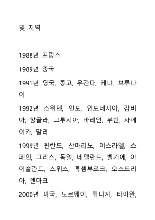 및 지역
1988년 프랑스
1989년 중국
1991년 영국, 콩고, 우간다, 케냐, 브루나
이
1992년 스위덴, 인도, 인도네시아, 감비
아, 앙골라, 그루지아, 바레인, 부탄, 자메
이카, 말리
1999년 핀란드, 산마리노, 이스라엘, 스
페인, 그리스, 독일, 네델란드, 벨기에, 아
이슬란드, 스위스, 룩셈부르크, 오스트리
아, 덴마크
2000년 미국, 노르웨이, 튀니지, 타이완,
 
