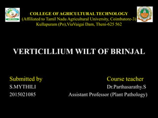 COLLEGE OF AGRICULTURAL TECHNOLOGY
(Affiliated to Tamil Nadu Agricultural University, Coimbatore-3)
Kullapuram (Po),ViaVaigai Dam, Theni-625 562
VERTICILLIUM WILT OF BRINJAL
Submitted by Course teacher
S.MYTHILI Dr.Parthasarathy.S
2015021085 Assistant Professor (Plant Pathology)
 