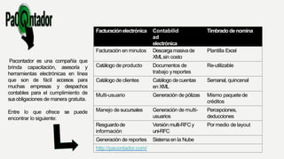 Facturaciónelectrónica Contabilid
ad
electrónica
Timbradodenomina
Facturación en minutos Descargamasiva de
XMLsin costo
Plantilla Excel
Catálogo de producto Documentos de
trabajo yreportes
Re-utilizable
Catálogo de clientes Catálogo decuentas
en XML
Semanal, quincenal
Multi-usuario Generación de pólizas Mismo paquete de
créditos
Manejo de sucursales Generación de multi-
usuarios
Percepciones,
deducciones
Resguardode
información
Versión multi-RFCy
uni-RFC
Pormedio de layout
Generación de reportes Sistemaen la Nube
http://pacontador.com/
Pacontador es una compañía que
brinda capacitación, asesoría y
herramientas electrónicas en línea
que son de fácil accesos para
muchas empresas y despachos
contables para el cumplimiento de
susobligaciones de manera gratuita.
Entre lo que ofrece se puede
encontrar lo siguiente:
 