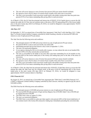 16
 The note will accrue interest at a rate of twenty-four percent (24%) per annum should wedefault.
 We agreed to reserve 98,552 shares of Common Stock issuable if the entire note isconverted.
 The note is not convertible if such conversion would result in the holder owning more than nine point nine
percent (9.9%) of our shares outstanding after giving effect to suchconversion.
As of March 4, 2016, the LG Note has principal and interest due of $28,035. If LG Capital elects to convert the full
amount due under the LG Note into our common stock, at the price of $0.192 representing 60% of the lowest traded
price in the prior twenty days ($0.32 on February 29, 2016), we would be obligated to issue approximately 146,016
common shares to LG.
Adar Bays, LLC
On September 11, 2015 we entered into a Convertible Note Agreement (“Adar Note”) with Adar Bays, LLC. (“Adar
Bays”) a Florida Limited Liability Company controlled by Sarah Eisenberg, whereby we borrowed $27,000 with
interest at a rate of eight percent (8%) per annum.
The Adar Note has the following terms and conditions:
 The principal amount is $27,000 and accrues interest at a rate of eight percent (8%) per annum.
 We paid $4,500 for it and as such received the sum of $22,500.
 Outstanding principal and accrued interest is due in full on September 11,2016.
 The note is an unsecured obligation.
 At our option at during the first six (6) months after issuance, we may redeem the note at one hundred fifty
percent (150%) of its face amount plus accrued interest.
 The note is convertible by the holder at any time after it has been outstanding for six (6) months at sixty
percent (60%) of the lowest traded price in the twenty (20) trading days prior to the date of the notice of
conversion.
 The note will accrue interest at a rate of twenty-four percent (24%) per annum should wedefault.
 We agreed to reserve 98,552 shares of Common Stock issuable if the entire Note isconverted.
 The note is not convertible if such conversion would result in the holder owning more than nine point nine
percent (9.9%) of our shares outstanding after giving effect to such conversion.
As of March 4, 2016, the Adar Note has principal and interest due of $28,035. If Adar Bays elects to convert the full
amount due under the Adar Note into our common stock, at the price of $0.192 representing 60% of the lowest
traded price in the prior twenty (20) days ($0.32 on February 29, 2016), we would be obligated to issue
approximately 146,016 common shares to Adar Bays.
EMA Financial, LLC
On August 25, 2015, we entered into a Convertible Note Agreement (the “EMA Note”) with EMA Financial, LLC,
(“EMA”) a Delaware Limited Liability Company controlled by Paul Carrozzo, whereby we agreed to pay the sum of
$105,000 to EMA.
The EMA Note has the following terms and conditions:
 The principal amount is $105,000 and accrues interest at a rate of eight percent (8%)per annum.
 We received $80,504 after payment of legal and due diligence fees of $5,000, finder’s fees of $9,500 and
an original discount of $9,996.
 The EMA Note is due on August 25, 2016.
 The note is an unsecured obligation.
 The EMA Note is convertible at a price per share equal to sixty percent (60%) of the lowest traded price of
our common stock in the twenty (20) consecutive trading days immediately preceding the conversion date.
 
