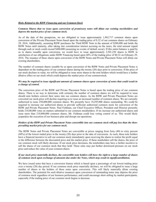 23
Risks Related to the RDW Financing and our Common Stock
Common Shares that we issue upon conversion of promissory notes will dilute our existing stockholders and
depress the market price of our common stock.
As of the date of this prospectus, we are obligated to issue approximately 1,962,717 common shares upon
conversion of the Private Placement Notes based upon the trading price of $.32 of our common shares on February
29, 2016. Additionally, assuming RDW purchases the Third RDW Note in the amount of $200,000 and holds the
RDW Notes until maturity, after taking into consideration interest accruing on the notes, the total amount repaid
through cash or stock could exceed $480,000 (assuming no events of default occur). If this entire balance is paid by
us in shares issuable upon conversion, we would have to issue approximately 2,501,250 shares to RDW in
satisfaction of our obligations under RDW Financing based upon 60% of the trading price of $0.32 on February 29,
2016. The issuance of these shares upon conversion of the RDW Notes and Private Placement Notes will dilute our
existing shareholders.
The number of common shares issuable by us upon conversion of the RDW Notes and Private Placement Notes is
dependent on the trading price of our common shares during the twenty (20) days prior to conversion. If the price of
our stock declines in value, we will be obligated to issue more shares to the note holders which would have a further
dilutive effect on our stock which could depress the market price of our commonstock.
We may be required to issue significant amount of common shares upon conversion of notes that could result in
a change of control.
The conversion price of the RDW and Private Placement Notes is based upon the trading price of our common
shares. There is no way to determine with certainty the number of common shares we will be required to issue
should note holders convert their notes into our common shares. As the RDW and Private Placement Notes are
converted our stock price will decline requiring us to issue an increased number of common shares. We are currently
authorized to issue 250,000,000 common shares. We presently have 18,295,000 shares outstanding. We could be
required to increase our authorized shares to provide sufficient authorized common stock for conversion of the
RDW and Private Placement Notes. Paul Feldman, our Chief Executive Officer, President and Director presently
holds 210,00,000 votes on matters submitted to our common stockholders. If we increase our authorized shares and
issue more than 210,000,000 common shares, Mr. Feldman could lose voting control of us. This would likely
jeopardize the execution of our business plan and disrupt our operations.
Holders of the RDW and Private Placement Notes convertible into our common stock will pay less than the then-
prevailing market price for our common stock.
The RDW Notes and Private Placement Notes are convertible at prices ranging from forty (40) to sixty percent
(60%) of the lowest traded price in the twenty (20) days prior to the date of conversion. As such, these note holders
have a financial incentive to sell our common stock immediately upon receiving the shares to realize the profit equal
to the difference between the discounted price and the market price. If these noteholders sell the shares, the price of
our common stock will likely decrease. If our stock price decreases, the noteholders may have a further incentive to
sell the shares of our common stock that they hold. These sales may put further downward pressure on our stock
price and reduce the value of your common shares
If our stock price materially declines, the convertible note holders will have the right to a large number of shares
of common stock upon exchange of amounts due under the Notes, which may result in significantdilution.
We have issued notes that have a conversion feature which is based upon a percentage of our lowest trading price
over a twenty (20) day period. If our common stock price materially declines, we will be obligated to issue a large
number of shares to the holders of these notes upon conversion. This will likely materially dilute existing
shareholders. The potential for such dilutive issuances upon conversion of outstanding notes may depress the price
of common stock regardless of our business performance, and could encourage short selling by market participants,
especially if the trading price of our common stock begins to decrease.
 
