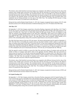 69
The intrinsic value of the beneficial conversion feature was computed as the difference between the fair value of the
common stock issuable upon conversion of the EMA Note and the total price to convert based on the effective
conversion price on the date of issuance. The calculated intrinsic value was $145,000. As this amount resulted in a
total debt discount that exceeds the EMA Note proceeds, the amount recorded for the beneficial conversion feature
was limited to the principal amount of the EMA Note less the deferred financing costs of $9,500 which were
capitalized and are being amortized over the term of the EMA Note. The resulting $95,500 discount is being
accreted over the twelve (12) month term of the EMA Note.
During the three and Six Months Ended October 31, 2015, the Company recognized interest expense of $1,553, debt
discount accretion of $17,482and amortization of deferred financing costs of $1,739 related to the EMA Note.
Adar Bays, LLC
On September 11, 2015 the Company entered into a Securities Purchase Agreement with Adar Bays, LLC ("Adar")
for the sale of an 8% convertible note in the principal amount of $81,000 (which includes Adar legal expenses in the
amount of $6,000) (the “Adar Note”) of which Adar funded $27,000 upon closing. We have no obligation to pay
Adar any amounts on the unfunded portion of the Adar Note. Additionally, Adar issued to the Company two (2)
notes, aggregating $54,000, bearing interest at the rate of 8% per annum with each note maturing eight months from
September 11, 2015 (the “Adar Buyer Notes”). The Adar Buyer Notes may be prepaid, without penalty, all or
portion of the outstanding balance along with accrued but unpaid interest at any time prior to maturity.
The Adar Note bears interest at the rate of 8% per annum. All interest and principal must be repaid on September 11,
2016. The Adar Note is convertible into common stock any time after 6 months, at Adar’s option, at a price for each
share of common stock equal to 60% (the “Conversion Factor”) of the lowest trading price during the twenty (20)
trading days immediately preceding the applicable conversion. In the event the Company elects to prepay all or any
portion of the Adar Note during the first 180 days, the Company is required to pay to Adar an amount in cash equal
to 150% multiplied by the sum of all principal and interest. The note may not be prepaid after the 180th day.
Adar has agreed to restrict its ability to convert the Adar Note and receive shares of common stock such that the
number of shares of common stock held by them in the aggregate and their affiliates after such conversion or
exercise does not exceed 9.9% of the then issued and outstanding shares of common stock. The Adar Note is a debt
obligation arising other than in the ordinary course of business, which constitutes a direct financial obligation of the
Company. The Adar Note also provides for penalties and rescission rights if we do not deliver shares of our
common stock upon conversion within the required timeframes.
The intrinsic value of the beneficial conversion feature was computed as the difference between the fair value of the
common stock issuable upon conversion of the Adar Note and the total price to convert based on the effective
conversion price on the date of issuance. The calculated intrinsic value was $40,856. As this amount resulted in a
total debt discount that exceeds the Adar Note proceeds, the amount recorded for the beneficial conversion feature
was limited to the principal amount of the Adar Note. The resulting $27,000 discount is being accreted over the
twelve (12) month term of the Adar Note.
During the three and Six Months Ended October 31, 2015, the Company recognized net interest income of $296 and
$3,699 of debt discount accretion related to the Adar Note.
LG Capital Funding, LLC
On September 11, 2015 the Company entered into a Securities Purchase Agreement with LG Capital Funding, LLC
("LG") for the sale of an 8% convertible note in the principal amount of $81,000 (which includes LG legal expenses
in the amount of $6,000) (the “LG Note”) of which LG funded $27,000 upon closing. We have no obligation to pay
LG any amounts on the unfunded portion of the LG Note. Additionally, LG issued to the Company two (2) notes,
aggregating $54,000, bearing interest at the rate of 8% per annum with each note maturing eight months from
September 11, 2015 (the “LG Buyer Notes”). The LG Investor Notes may be prepaid, without penalty, all or portion
of the outstanding balance along with accrued but unpaid interest at any time prior tomaturity.
 