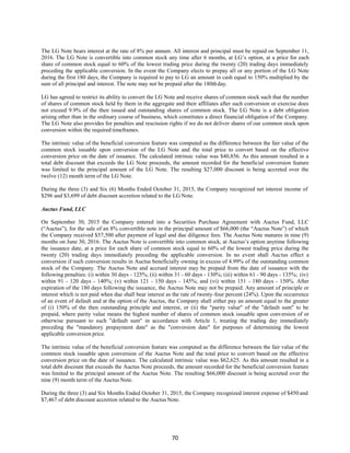 70
The LG Note bears interest at the rate of 8% per annum. All interest and principal must be repaid on September 11,
2016. The LG Note is convertible into common stock any time after 6 months, at LG’s option, at a price for each
share of common stock equal to 60% of the lowest trading price during the twenty (20) trading days immediately
preceding the applicable conversion. In the event the Company elects to prepay all or any portion of the LG Note
during the first 180 days, the Company is required to pay to LG an amount in cash equal to 150% multiplied by the
sum of all principal and interest. The note may not be prepaid after the 180thday.
LG has agreed to restrict its ability to convert the LG Note and receive shares of common stock such that the number
of shares of common stock held by them in the aggregate and their affiliates after such conversion or exercise does
not exceed 9.9% of the then issued and outstanding shares of common stock. The LG Note is a debt obligation
arising other than in the ordinary course of business, which constitutes a direct financial obligation of the Company.
The LG Note also provides for penalties and rescission rights if we do not deliver shares of our common stock upon
conversion within the required timeframes.
The intrinsic value of the beneficial conversion feature was computed as the difference between the fair value of the
common stock issuable upon conversion of the LG Note and the total price to convert based on the effective
conversion price on the date of issuance. The calculated intrinsic value was $40,856. As this amount resulted in a
total debt discount that exceeds the LG Note proceeds, the amount recorded for the beneficial conversion feature
was limited to the principal amount of the LG Note. The resulting $27,000 discount is being accreted over the
twelve (12) month term of the LG Note.
During the three (3) and Six (6) Months Ended October 31, 2015, the Company recognized net interest income of
$296 and $3,699 of debt discount accretion related to the LG Note.
Auctus Fund, LLC
On September 30, 2015 the Company entered into a Securities Purchase Agreement with Auctus Fund, LLC
(“Auctus”), for the sale of an 8% convertible note in the principal amount of $66,000 (the “Auctus Note”) of which
the Company received $57,500 after payment of legal and due diligence fees. The Auctus Note matures in nine (9)
months on June 30, 2016. The Auctus Note is convertible into common stock, at Auctus’s option anytime following
the issuance date, at a price for each share of common stock equal to 60% of the lowest trading price during the
twenty (20) trading days immediately preceding the applicable conversion. In no event shall Auctus effect a
conversion if such conversion results in Auctus beneficially owning in excess of 4.99% of the outstanding common
stock of the Company. The Auctus Note and accrued interest may be prepaid from the date of issuance with the
following penalties: (i) within 30 days - 125%; (ii) within 31 - 60 days - 130%; (iii) within 61 - 90 days - 135%; (iv)
within 91 - 120 days - 140%; (v) within 121 - 150 days - 145%; and (vi) within 151 - 180 days - 150%. After
expiration of the 180 days following the issuance, the Auctus Note may not be prepaid. Any amount of principle or
interest which is not paid when due shall bear interest as the rate of twenty-four percent (24%). Upon the occurrence
of an event of default and at the option of the Auctus, the Company shall either pay an amount equal to the greater
of (i) 150% of the then outstanding principle and interest, or (ii) the "parity value" of the "default sum" to be
prepaid, where parity value means the highest number of shares of common stock issuable upon conversion of or
otherwise pursuant to such "default sum" in accordance with Article 1, treating the trading day immediately
preceding the "mandatory prepayment date" as the "conversion date" for purposes of determining the lowest
applicable conversion price.
The intrinsic value of the beneficial conversion feature was computed as the difference between the fair value of the
common stock issuable upon conversion of the Auctus Note and the total price to convert based on the effective
conversion price on the date of issuance. The calculated intrinsic value was $62,625. As this amount resulted in a
total debt discount that exceeds the Auctus Note proceeds, the amount recorded for the beneficial conversion feature
was limited to the principal amount of the Auctus Note. The resulting $66,000 discount is being accreted over the
nine (9) month term of the Auctus Note.
During the three (3) and Six Months Ended October 31, 2015, the Company recognized interest expense of $450 and
$7,467 of debt discount accretion related to the Auctus Note.
 