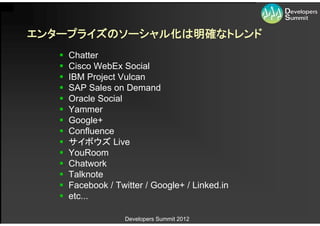 エンタープライズのソーシャル化は明確なトレンド
      Chatter
      Cisco WebEx Social
      IBM Project Vulcan
      SAP Sales on Demand
      Oracle Social
      Yammer
      Google+
      Confluence
      サイボウズ Live
      YouRoom
      Chatwork
      Talknote
      Facebook / Twitter / Google+ / Linked.in
      etc...

                     Developers Summit 2012
 