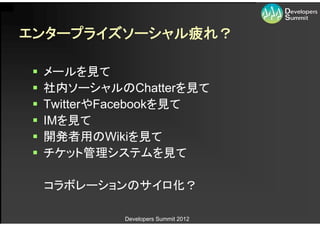 エンタープライズソーシャル疲れ？

   メールを見て
   社内ソーシャルのChatterを見て
   TwitterやFacebookを見て
   IMを見て
   開発者用のWikiを見て
   チケット管理システムを見て

    コラボレーションのサイロ化？

             Developers Summit 2012
 