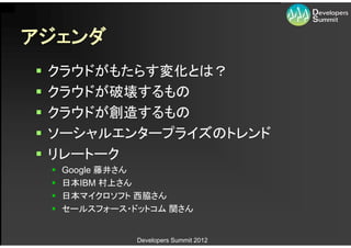 アジェンダ
   クラウドがもたらす変化とは？
   クラウドが破壊するもの
   クラウドが創造するもの
   ソーシャルエンタープライズのトレンド
   リレートーク
       Google 藤井さん
       日本IBM 村上さん
       日本マイクロソフト 西脇さん
       セールスフォース・ドットコム 関さん


                  Developers Summit 2012
 