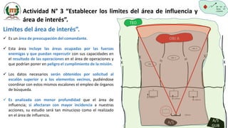 Limites del área de interés”.
Actividad N° 3 “Establecer los limites del área de influencia y
área de interés”.
 Es un área de preocupación del comandante.
 Esta área incluye las áreas ocupadas por las fuerzas
enemigas y que puedan repercutir con sus capacidades en
el resultado de las operaciones en el área de operaciones y
que podrían poner en peligro el cumplimiento de la misión.
 Los datos necesarios serán obtenidos por solicitud al
escalón superior y a los elementos vecinos, pudiéndose
coordinar con estos mismos escalones el empleo de órganos
de búsqueda.
 Es analizada con menor profundidad que el área de
influencia; si afectaran con mayor incidencia a nuestras
acciones, su estudio será tan minucioso como el realizado
en el área de influencia.
80 km al
Norte CP
CAZONA
OBJ 1
A/S
OBJ A
OBJ 2
OBJ 3
X X
105mm
120mm
120mm
120mm
X X
TEO
A/S
GUB
 