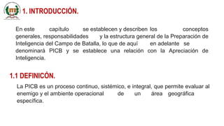1. INTRODUCCIÓN.
En este capítulo se establecen y describen los conceptos
generales, responsabilidades y la estructura general de la Preparación de
Inteligencia del Campo de Batalla, lo que de aquí en adelante se
denominará PICB y se establece una relación con la Apreciación de
Inteligencia.
1.1 DEFINICÓN.
La PICB es un proceso continuo, sistémico, e integral, que permite evaluar al
enemigo y el ambiente operacional de un área geográfica
específica.
 