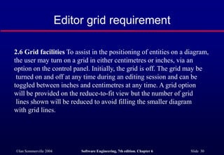 ©Ian Sommerville 2004 Software Engineering, 7th edition. Chapter 6 Slide 30
Editor grid requirement
2.6 Grid facilities To assist in the positioning of entities on a diagram,
the user may turn on a grid in either centimetres or inches, via an
option on the control panel. Initially, the grid is off. The grid may be
turned on and off at any time during an editing session and can be
toggled between inches and centimetres at any time. A grid option
will be provided on the reduce-to-fit view but the number of grid
lines shown will be reduced to avoid filling the smaller diagram
with grid lines.
 