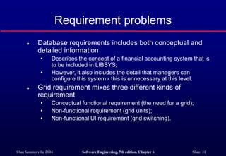 ©Ian Sommerville 2004 Software Engineering, 7th edition. Chapter 6 Slide 31
Requirement problems
 Database requirements includes both conceptual and
detailed information
• Describes the concept of a financial accounting system that is
to be included in LIBSYS;
• However, it also includes the detail that managers can
configure this system - this is unnecessary at this level.
 Grid requirement mixes three different kinds of
requirement
• Conceptual functional requirement (the need for a grid);
• Non-functional requirement (grid units);
• Non-functional UI requirement (grid switching).
 