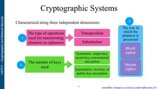 14ITT71-CryptographyandNetworkSecurity
Jeevanantham Arumugam B.E.,M.S(U.K),Assistant Professor,Dept. of IT
Cryptographic Systems
!8
Characterized along three independent dimensions:
The way in
which the
plaintext is
processed
Block
cipher
Stream
cipher
The type of operations
used for transforming
plaintext to ciphertext
The number of keys
used
Transposition
Substitution
Symmetric, single-key,
secret-key, conventional
encryption
Asymmetric, two-key, or
public-key encryption
1
2
3
 