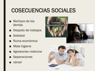COSECUENCIAS SOCIALES
■ Rechazo de los
demás
■ Despido de trabajos
■ Soledad
■ Ruina económica
■ Mala higiene
■ Agresiones violencia
■ Separaciones
■ cárcel
 