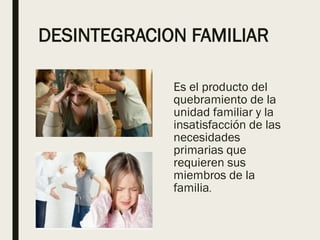 DESINTEGRACION FAMILIAR
Es el producto del
quebramiento de la
unidad familiar y la
insatisfacción de las
necesidades
primarias que
requieren sus
miembros de la
familia.
 