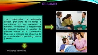 RESUMIR
Mostrarse a si mismo
Los profesionales de enfermería
dedican gran parte de su tiempo a
comunicarse con sus pacientes, a
hablarles, escucharles y responderles
Es esencial disminuir la cantidad de
palabras usadas en la conversación
Para que el mensaje sea eficaz ha de
promover la reflexión y el diálogo interior
y exterior
 
