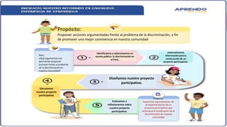 06/09/2021
17
Propósito:
Proponer acciones argumentadas frente al problema de la discriminación, a fin
de promover una mejor convivencia en nuestra comunidad
Identificamos y seleccionamos un
asunto público: la discriminación en
el Perú.
Indagamos y
sistematizamos
información para la
construcción de un
proyecto participativo.
Diseñamos nuestro proyecto
participativo.
Ejecutamos
nuestro proyecto
participativo
Evaluamos y
reflexionamos sobre
nuestro proyecto
participativo.
Producto:
Exposición argumentativa de
la implementación de un
proyecto participativo que
promueva la erradicación de la
discriminación en nuestra
comunidad
Reto:
¿Qué argumentos nos
permitirían proponer
acciones frente al problema
de la discriminación en
nuestra comunidad?
 