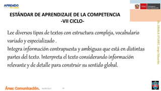 06/09/2021 29
ESTÁNDAR DE APRENDIZAJE DE LA COMPETENCIA
-VII CICLO-
Lee diversos tipos de textos con estructura compleja, vocabulario
variado y especializado .
Integra información contrapuesta y ambiguas que está en distintas
partes del texto. Interpreta el texto considerando información
relevante y de detalle para construir su sentido global.
 